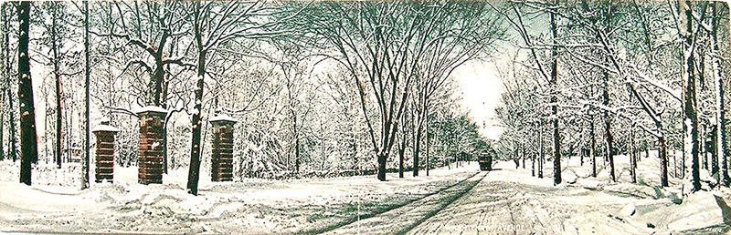 Washtenaw Avenue, northwest from Hill Street, in winter. A 1909 panorama by Ann Arbor photographer A. S. Lyndon.*