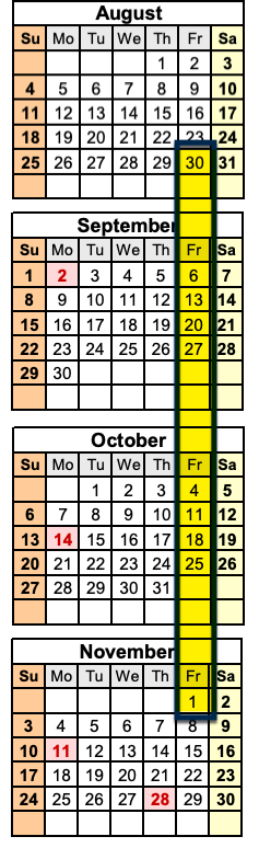 aiM Higher calendar highlighting Fridays from Aug 30 to Nov 1, 2024