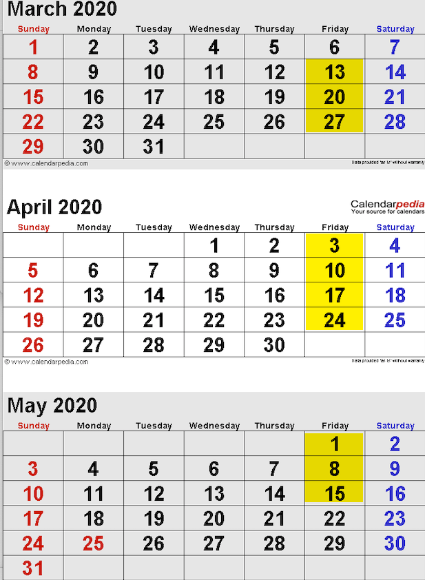 Calendar March-May, 2020 Calendar March-May, 2020