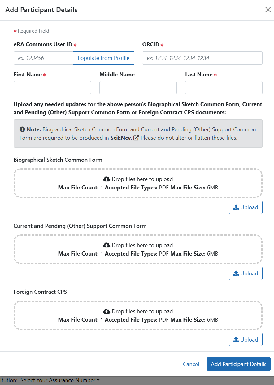 Screenshot showing the upload field in eRA Commons