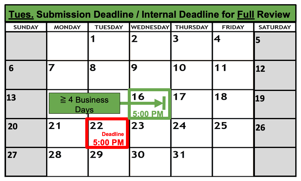 Tuesday submission deadline / internal deadline for full review